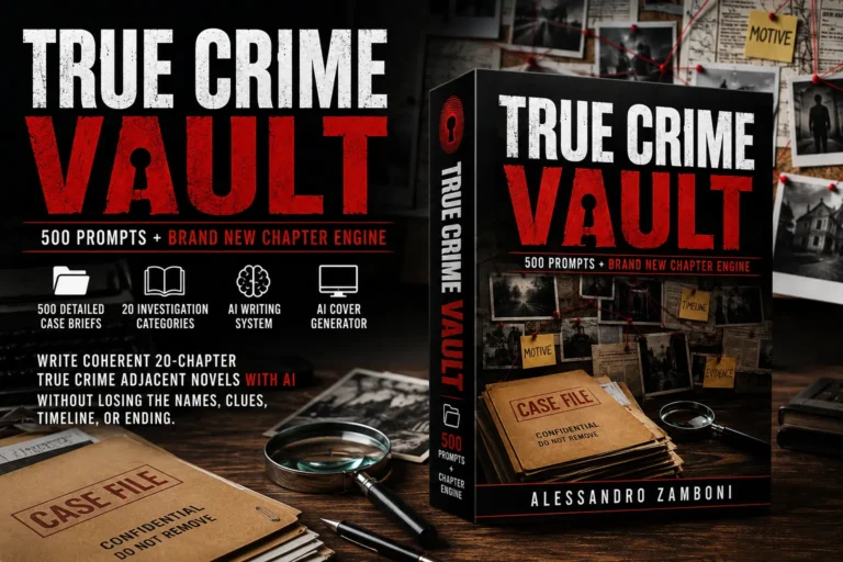 True Crime Vault Review featured image showing the AI fiction writing system with 500 case briefs, chapter engine, and investigative storytelling tools for KDP authors.