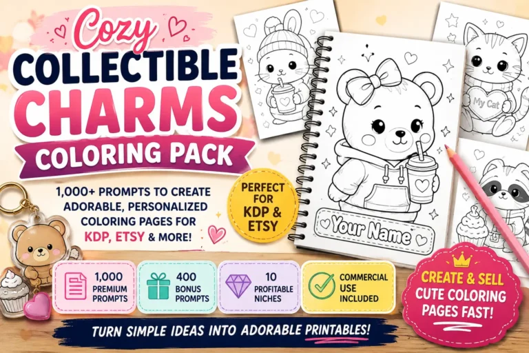 Cozy Collectible Charms Coloring Pack with 1000 coloring prompts for KDP and Etsy