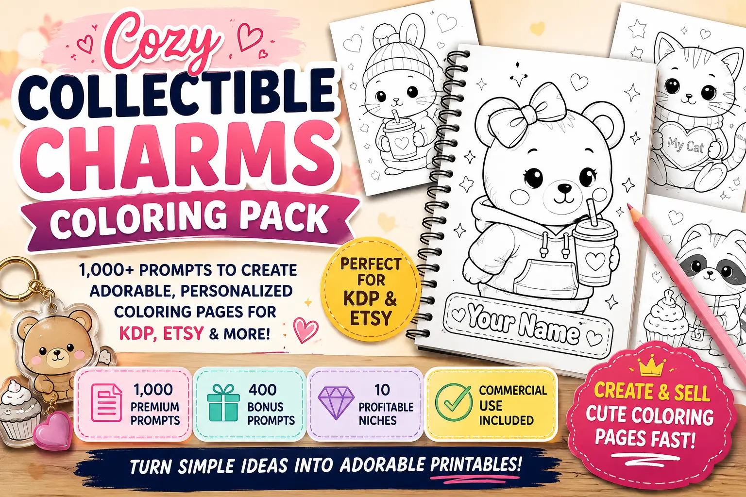 Cozy Collectible Charms Coloring Pack with 1000 coloring prompts for KDP and Etsy