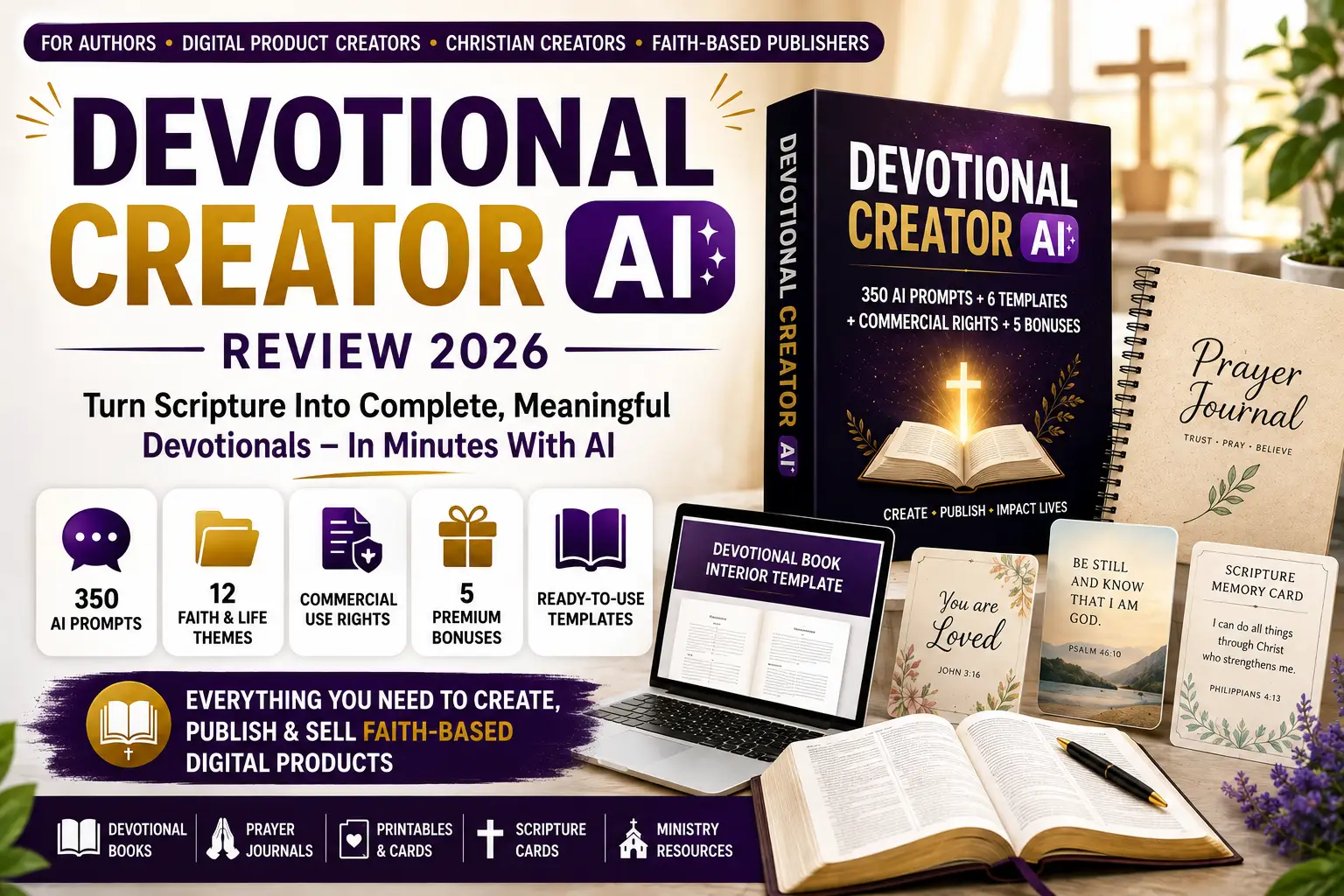 Devotional Creator AI review featuring an AI-powered toolkit for creating devotional books, prayer journals, and faith-based digital products