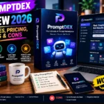 PromptDEX AI prompt marketplace software box and dashboard featured in a 2026 review.
