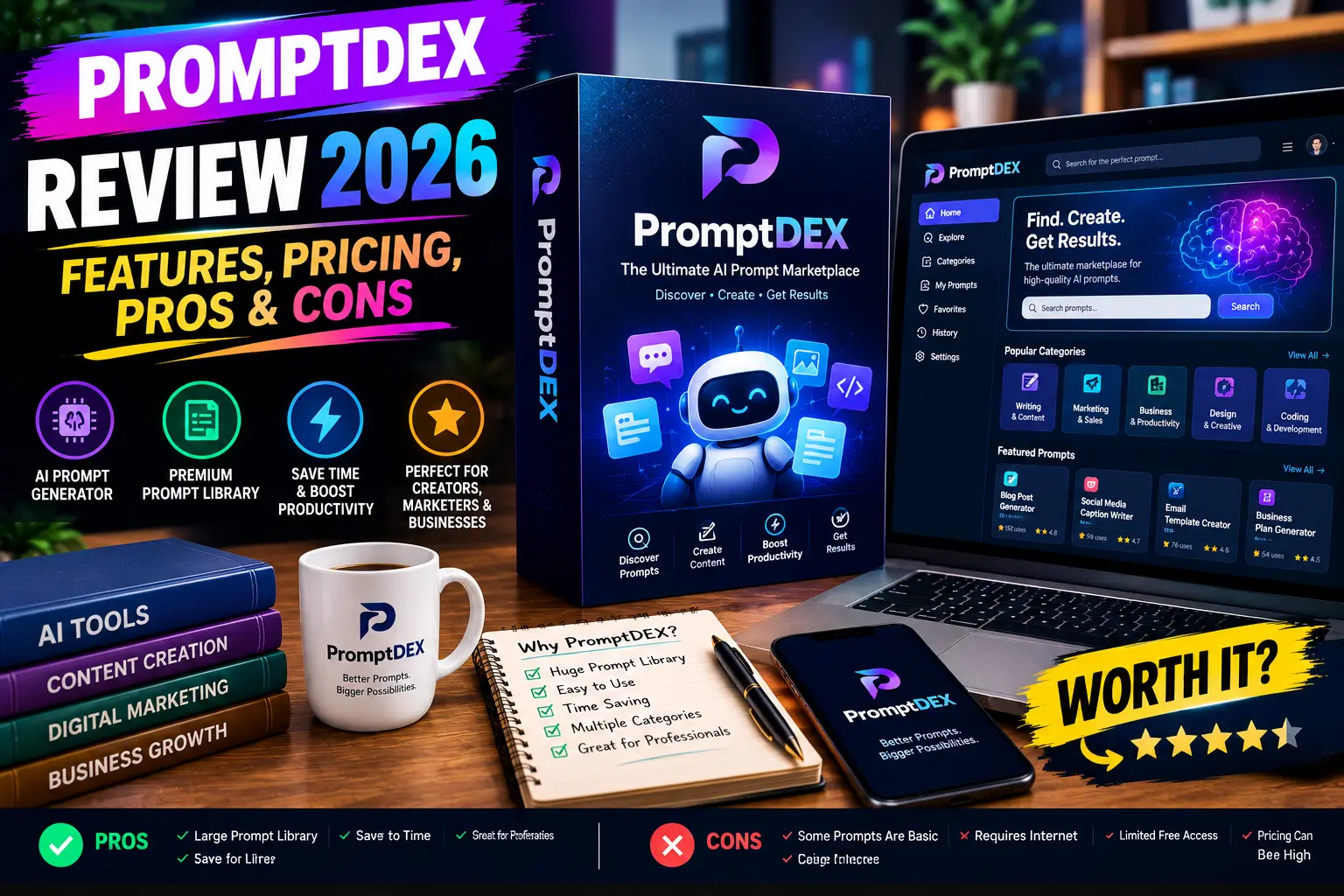 PromptDEX AI prompt marketplace software box and dashboard featured in a 2026 review.